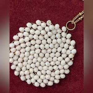 Beaded Circle Pendant Long Necklace White. Gold-tone. Good condition.
